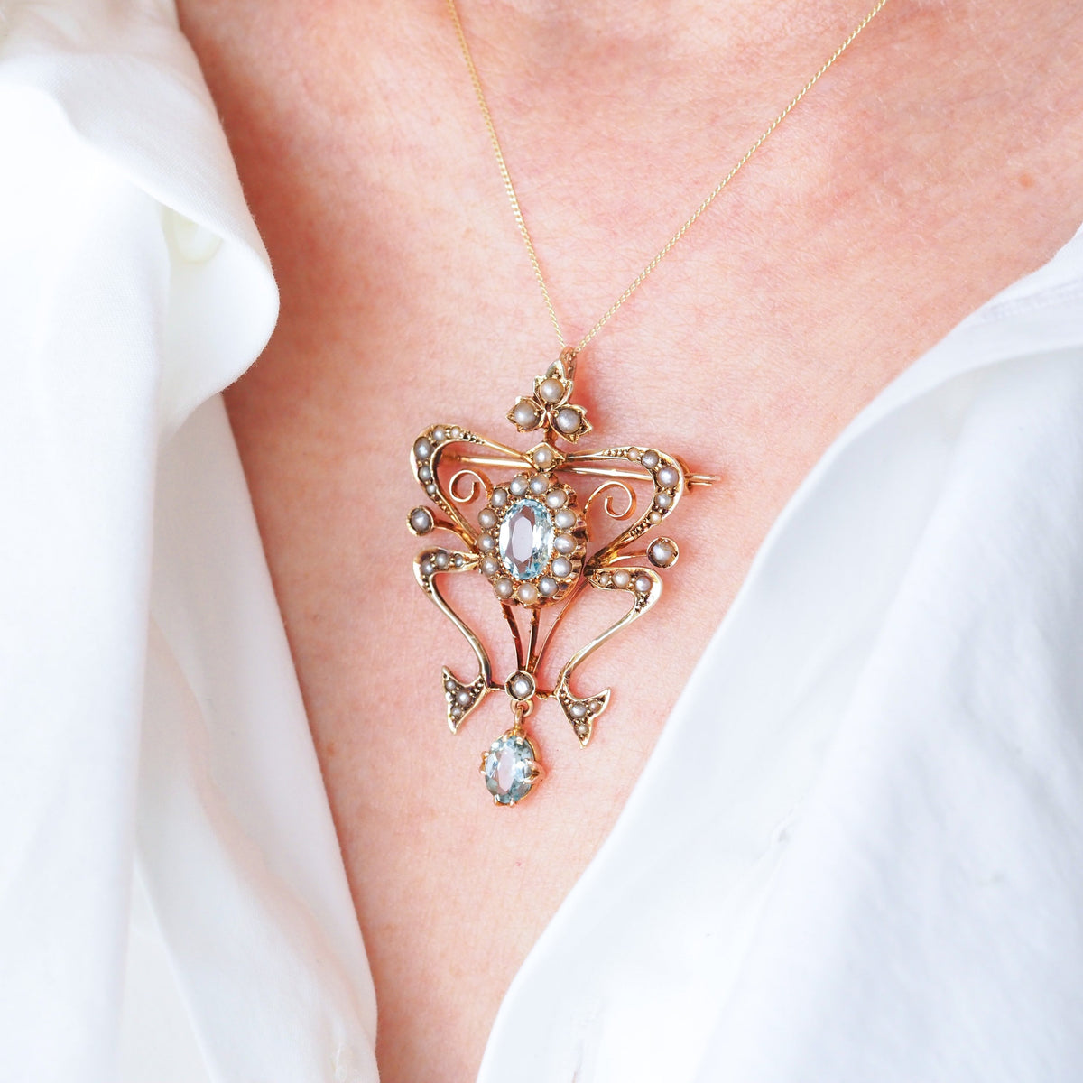 アンティーク　ペンダント　イギリス　アクアマリン　パール アクアマリン パール ドロップス ゴールドネックレス - 英国