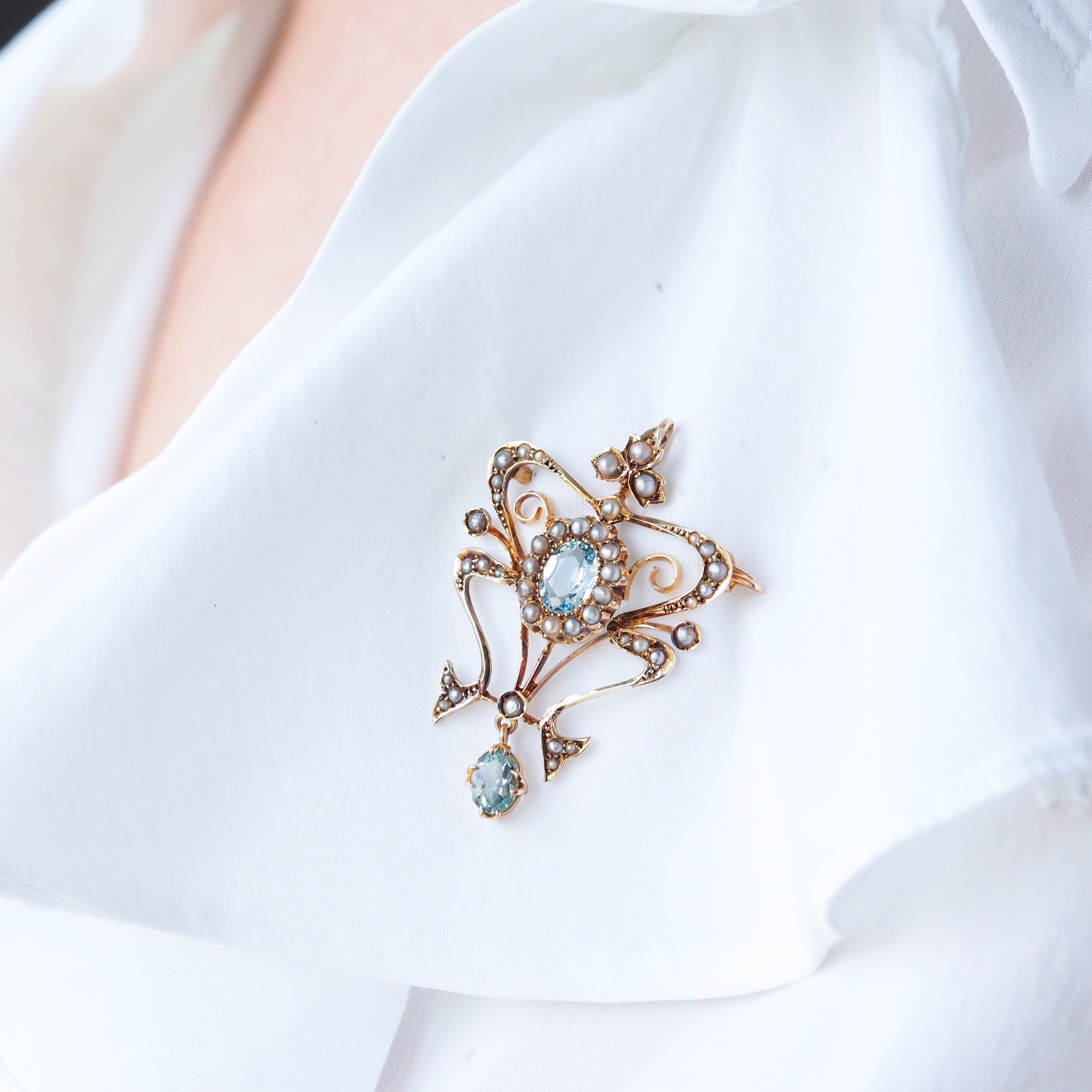 アンティーク　ペンダント　イギリス　アクアマリン　パール アクアマリン パール ドロップス ゴールドネックレス - 英国