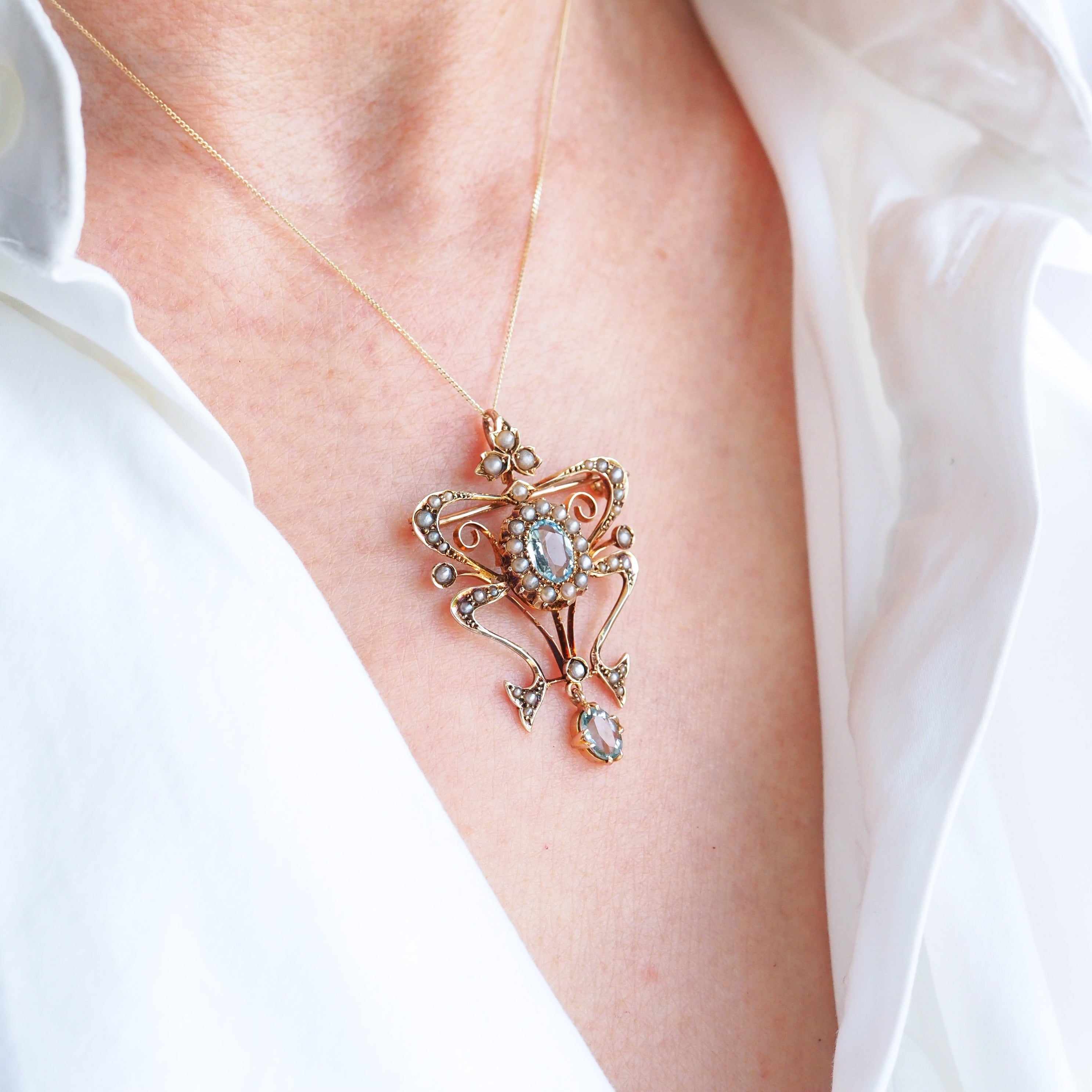 K18★アンティーク 天然アクアマリンブローチ兼ペンダントトップ★ アクアマリン パール ドロップス ゴールドネックレス - 英国