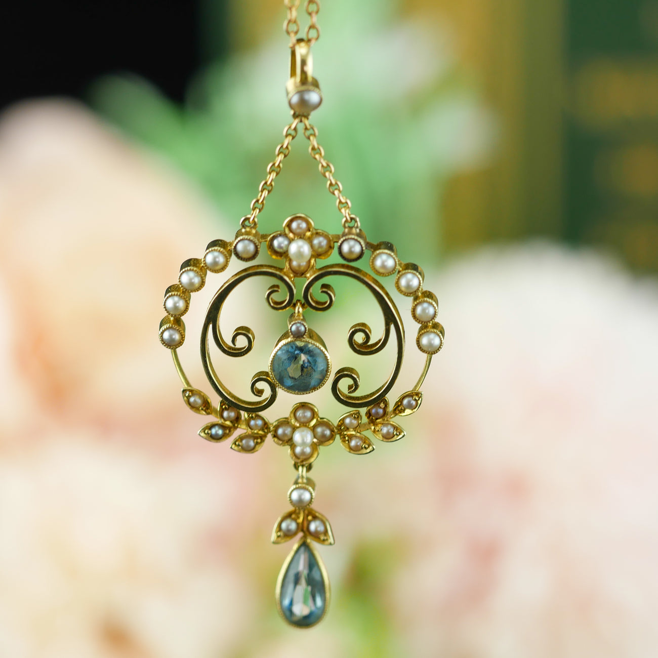 アンティーク　ペンダント　イギリス　アクアマリン　パール アクアマリン パール ドロップス ゴールドネックレス - 英国