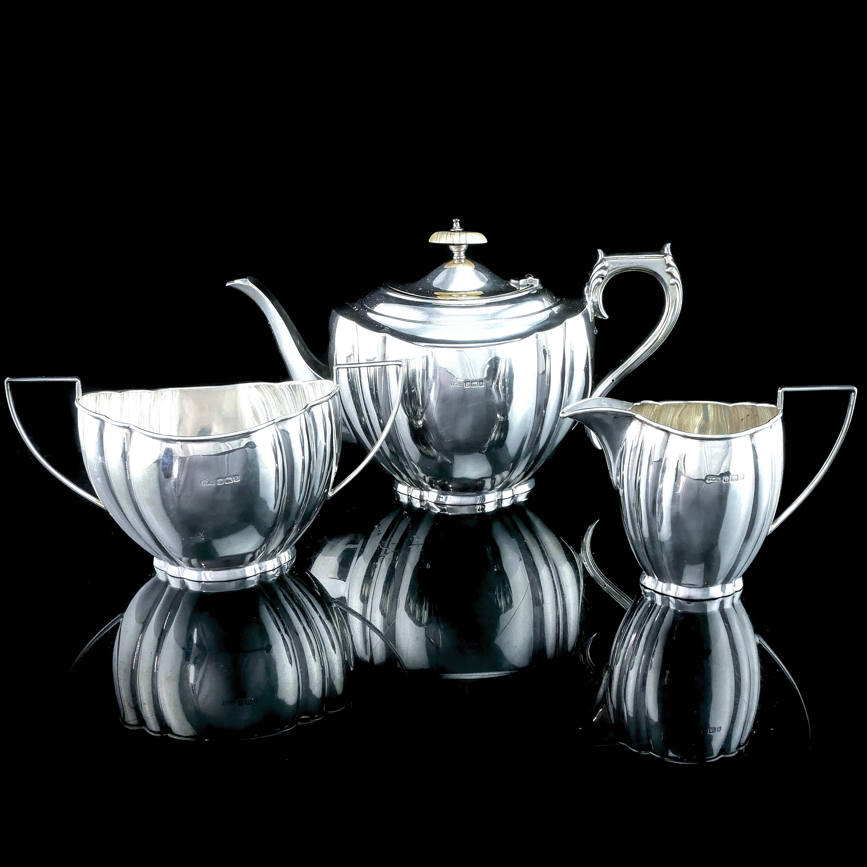 イギリス アンティーク スターリングシルバー 純銀 ティーセット 3点セット スターリングシルバーティーセット『ムーンライトエレガンス