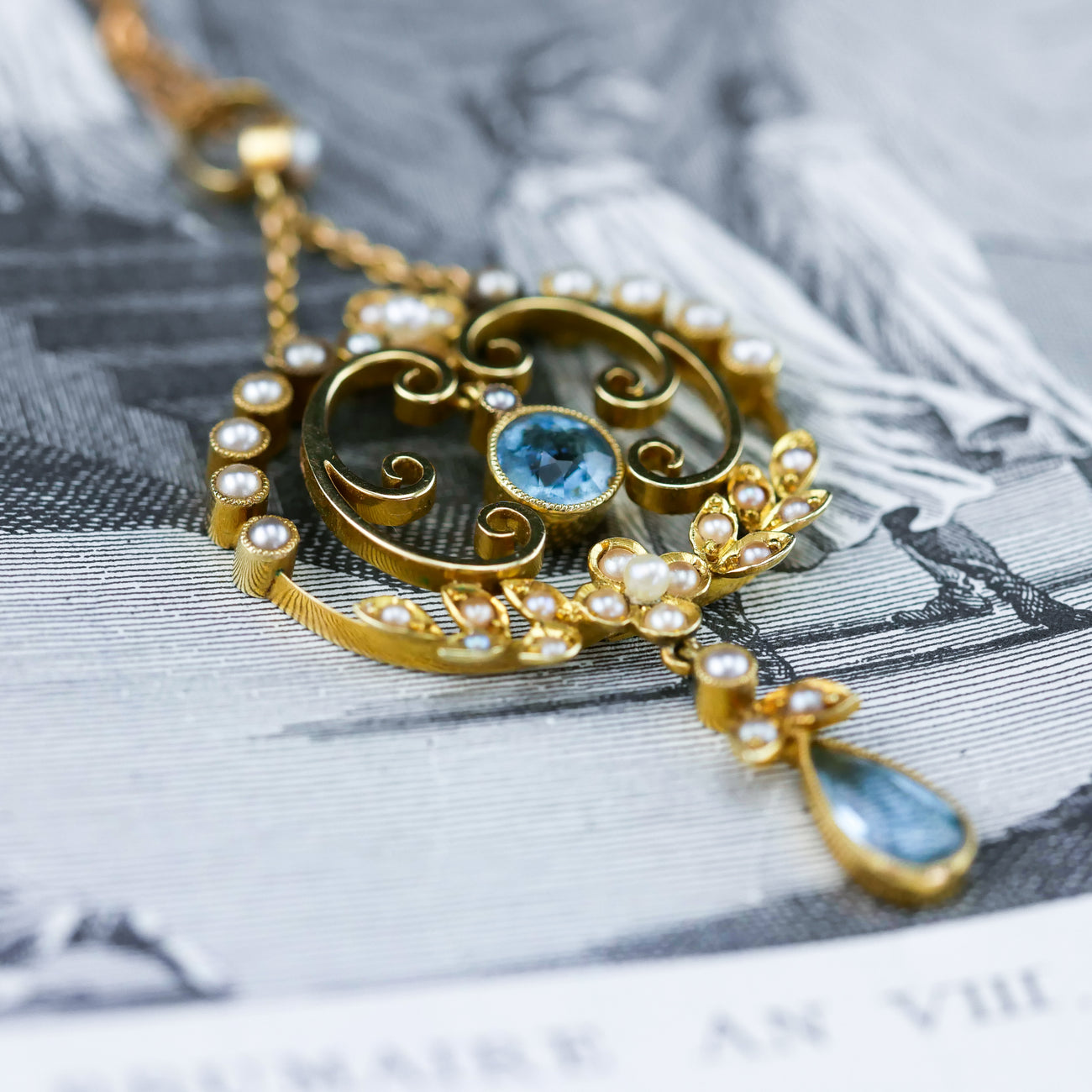 アンティーク　ペンダント　イギリス　アクアマリン　パール アクアマリン パール ドロップス ゴールドネックレス - 英国