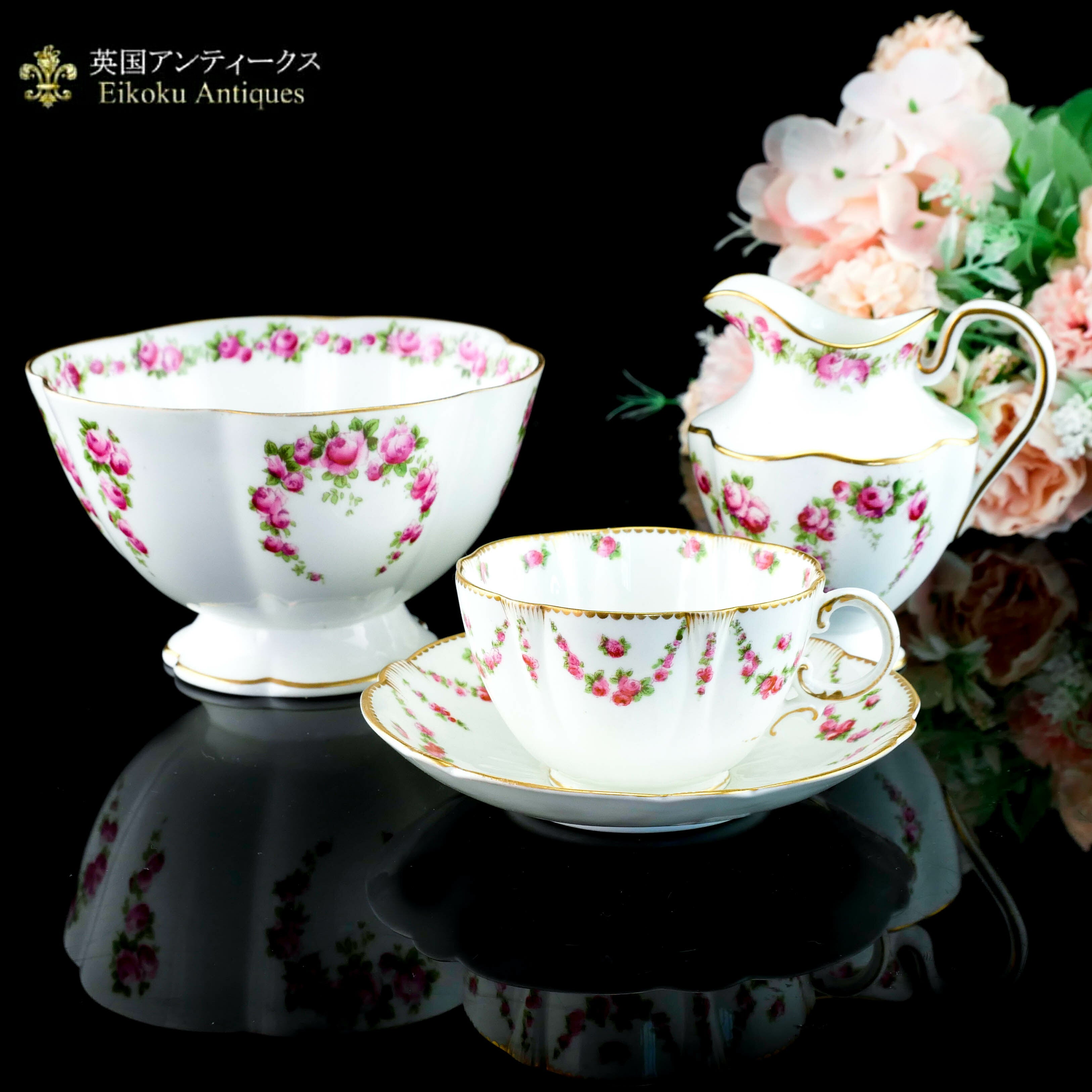 イギリス アンティーク クリーマー シュガーボウル セット 薔薇 英国 ゴールド アンティークシュガー・クリーマー - 英国アンティークス