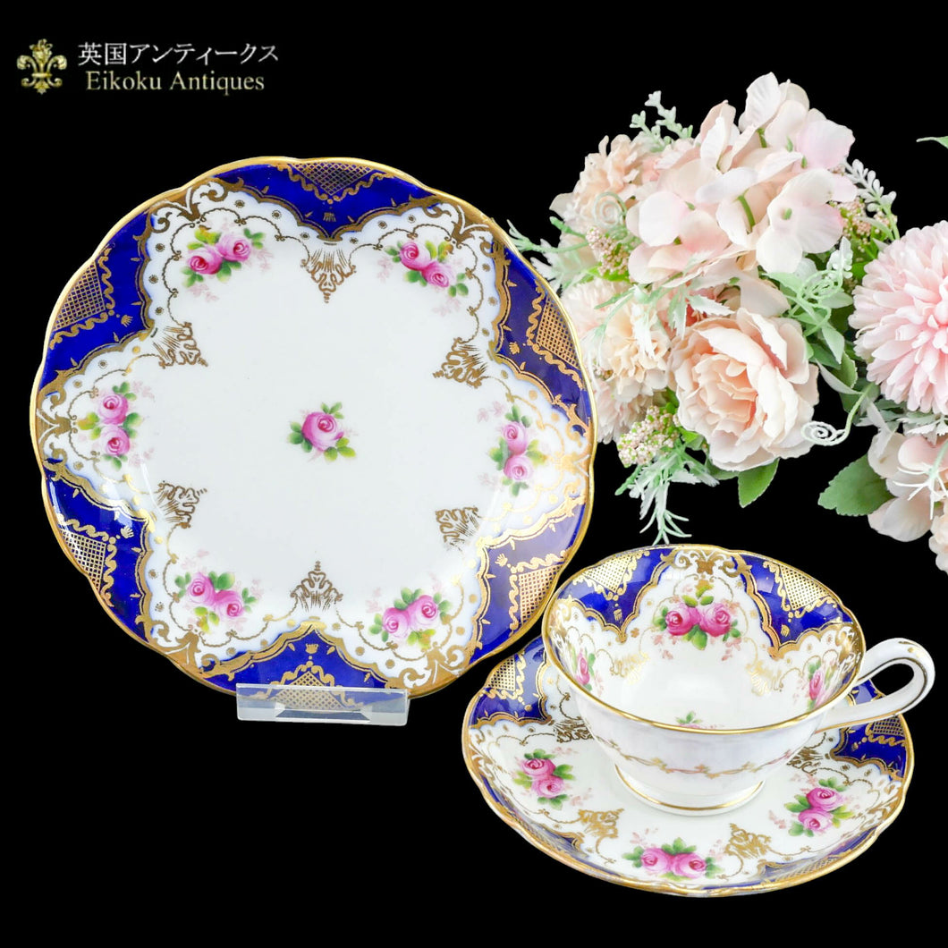 伝統-本物 - グロヴナー『夜空の薔薇園』トリオ コバルトとピンクの薔薇-金彩 - 英国アンティークス
