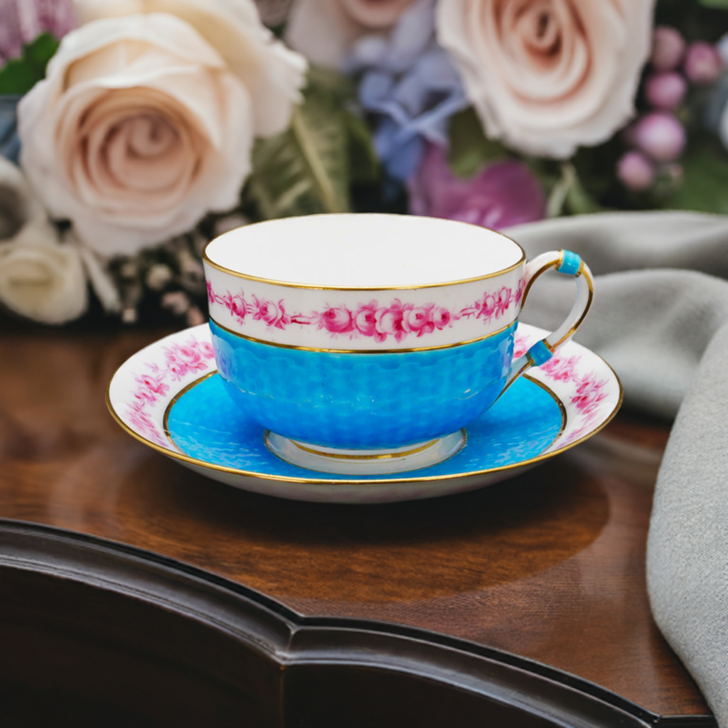 ミントン MINTON 1880年頃 トルコ石ブルーボーダー バラ絵 プレート