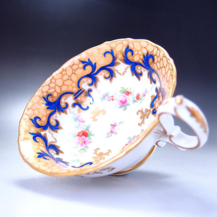 伝統-本物-コールポート-典型的な青-縁-金彩-華絵 - 英国アンティークス