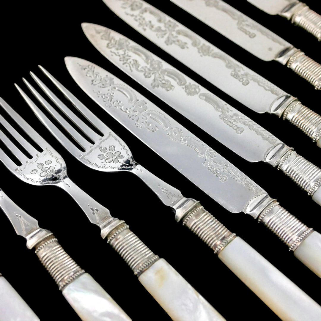 200年物-シルバープレート-白蝶貝-ナイフ-フォーク-6本セット - 英国 